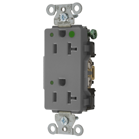 HUBBELL WIRING DEVICE-KELLEMS Straight Blade Devices, Decorator Duplex Receptacle, Hospital Grade, Hubbell-Pro, LED Indicator, 20A 125V, 2- Pole3-Wire Grounding, 5-20R, Gray 2182GYL